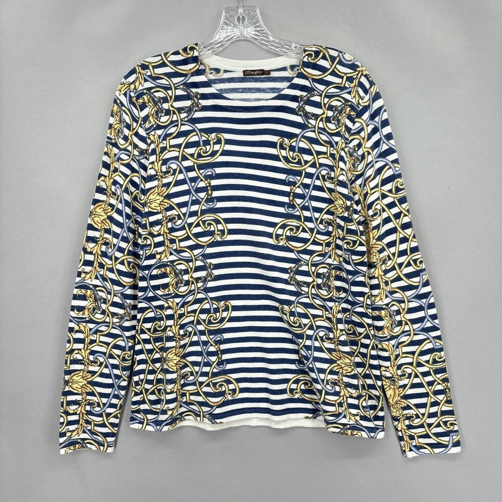 J.McLaughlin Shirt Womens Large Blue Gold Baroque Chain Stripe Equestrian Top